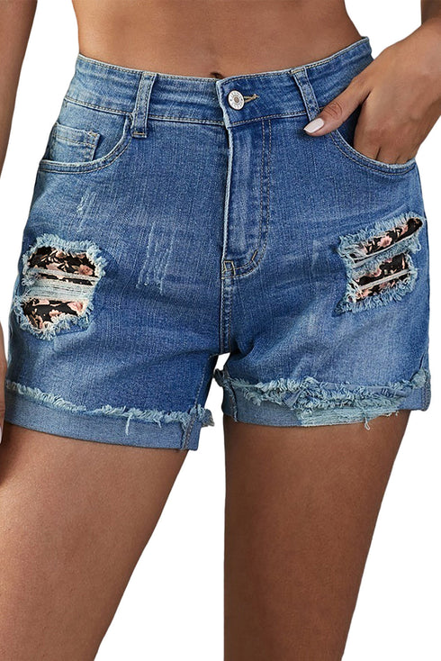 Patchwork Rolled Hem Denim Shorts